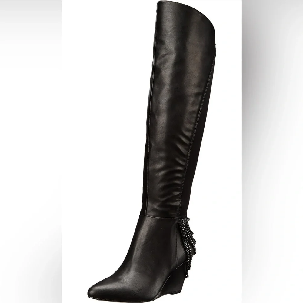 Fergie Samantha Black Chain-Detail Wedge Over-the-Knee Boots – Size 9M